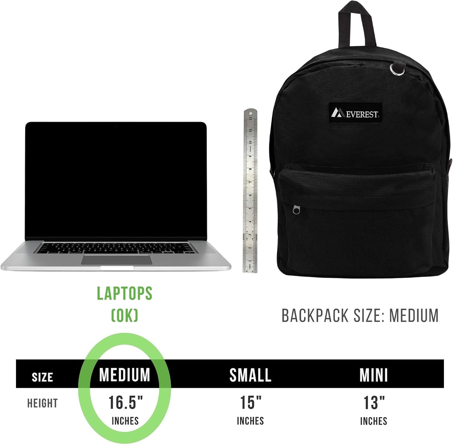 Everest Classic Backpack – Large, Black (Model: 2045CR-BK)