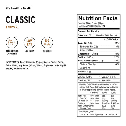 People's Choice Beef Jerky - Classic - Teriyaki - Big Slab - Whole Muscle Premium Cuts - Bulk Jerky Package - Thin Sheets - Low Sodium Low Salt High Protein Meat Snack - 15 Slabs, 1 Bag - GTE Zone